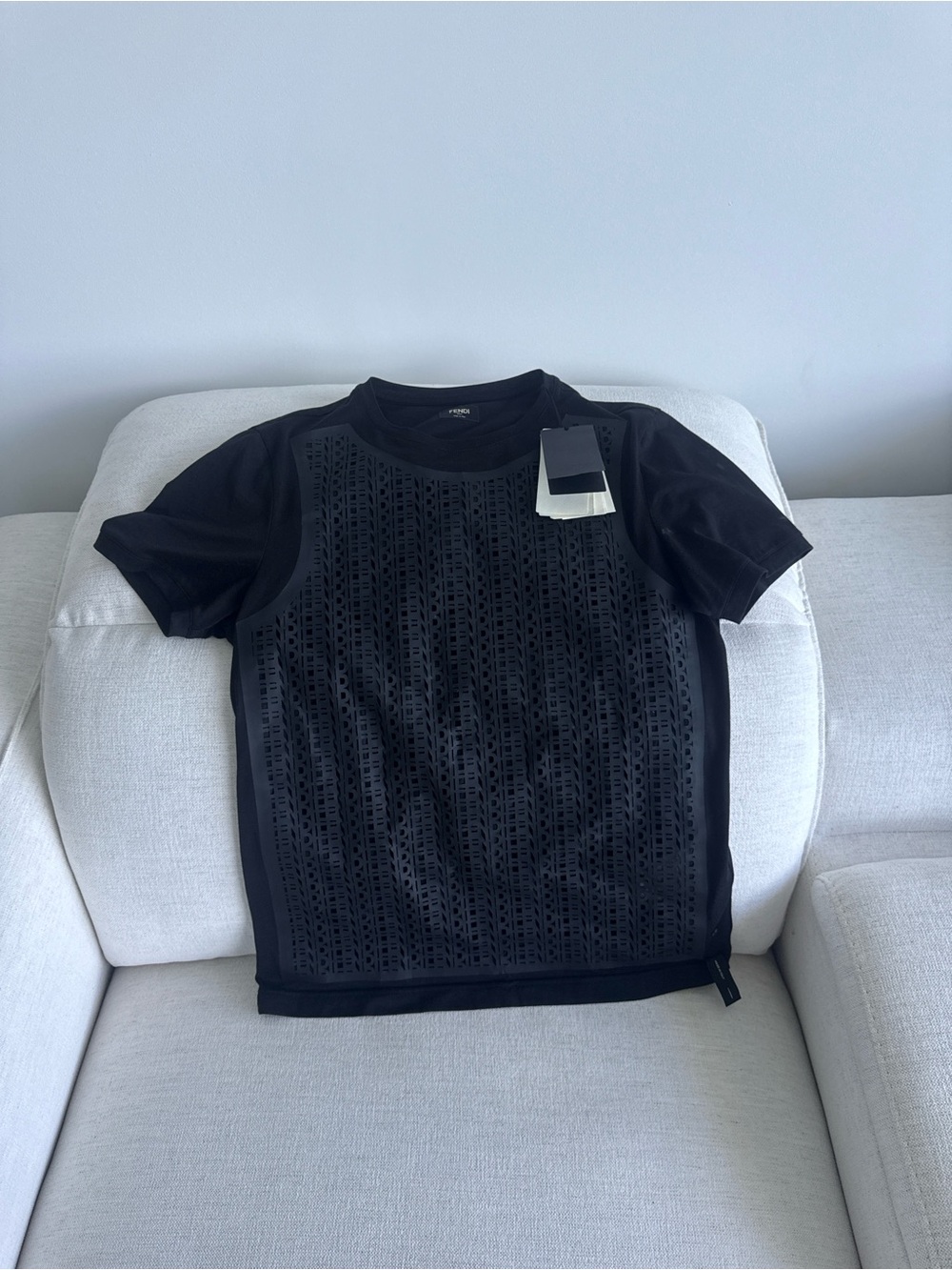 Fendi Black Short Sleeve Perforated Front Tee